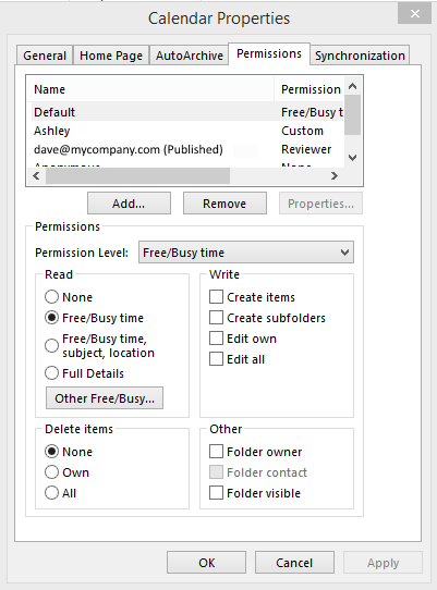 Sharing an Outlook calendar