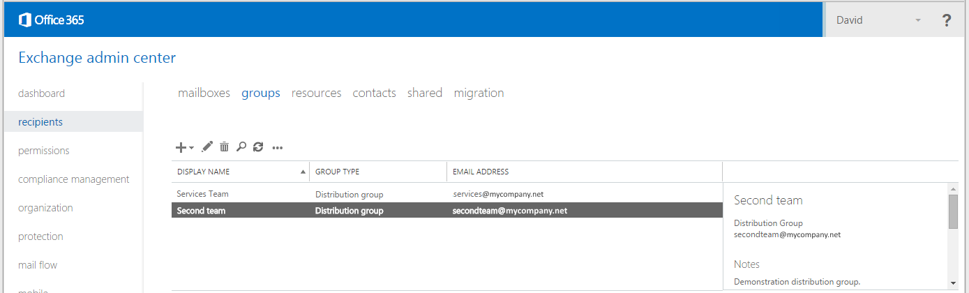 Creating and modifying a distribution group in Office 365