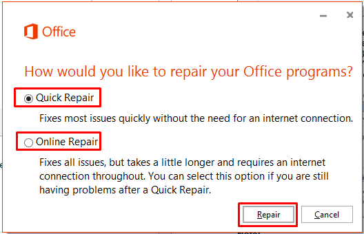 Repairing an Office application